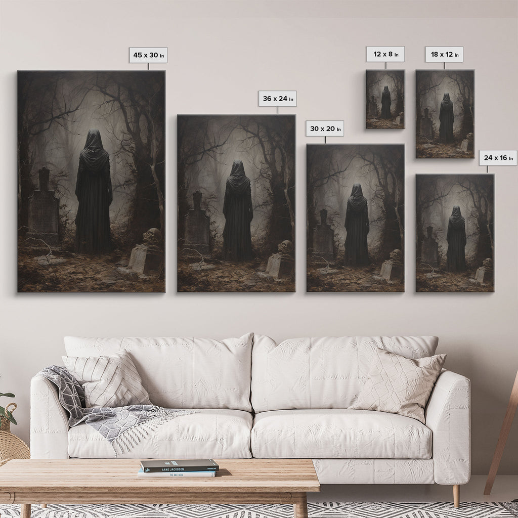 Witch in the Cemetery gothic wall art size chart
